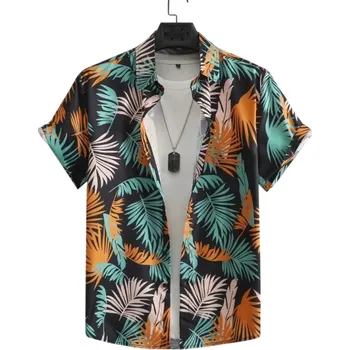 Pánská košile Pánská košile krátký rukáv Letní provedení Palmový potisk Zapínání na knoflíky Výstřih do V Polyester a spandex 3XL