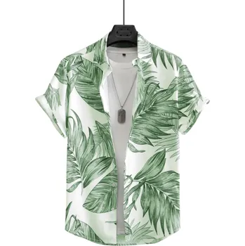 Pánská košile Pánská košile s krátkým rukávem Tropický potisk palm Zapínání na knoflíky Výstřih do V Letní styl Polyester a spandex zelená XL