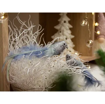 Vánoční dekorace Vánoční ozdoby (2 ks) Stříbrno-modrý ptáček, 15 cm