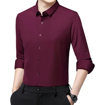 Pánská košile Pánská košile dlouhý rukáv Jednobarevné provedení Zapínání na knoflíky Výstřih do V Spandex a polyamid Pohodlný střih Celoroční vínová XS