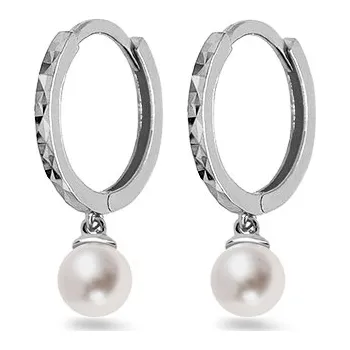 Náušnice Gravírované kroužky 1,5cm s visící perlou v bílém zlatě, 14K IZ27683A + dárkové balení LUXUS zdarma