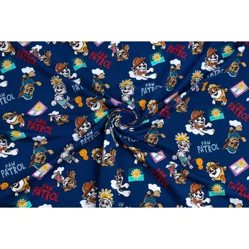 Bavlněný úplet s potiskem tlapková patrola na modré