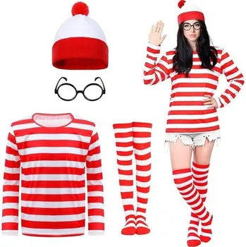 Karnevalový kostým 3dílná pánská sada kostýmů, sada cosplay doplňků s červenými a bílými pruhy, top s dlouhým rukávem,