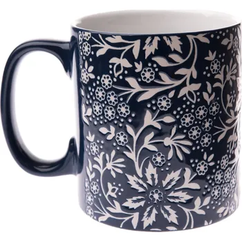 Hrnek 620 ml, tmavě modrý, květinový
