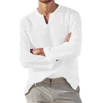 Pánská košile Pánská košile s dlouhým rukávem Jednobarevné provedení Výstřih do V Pohodlný střih Přírodní materiál Bavlna a len bílá XS