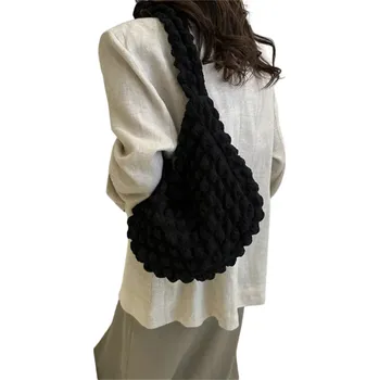 Kabelka Dámská vyšívaná kostkovaná taška přes rameno 32 x 11,5 x 60 cm Lehká látková kabelka z nylonu a akrylu černá