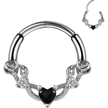 Piercing Kulatý stříbrný piercing černé srdce se stříbrnými detaily 10 x 1,2 mm Z nerezové oceli Elegantní šperk pro každodenní nošení