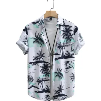 Pánská košile Pánská košile krátký rukáv Letní střih Palmový motiv Zapínání na knoflíky Výstřih do V Směs polyester a spandex S
