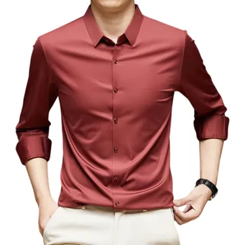 Pánská košile Pánská košile dlouhý rukáv Jednobarevné provedení Zapínání na knoflíky Výstřih do V Spandex a polyamid Pohodlný střih Celoroční cihlová S