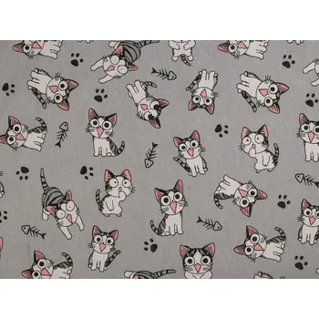 Bavlněná metráž / imitace lnu hrubší, kočka METRÁŽ - šedá světlá