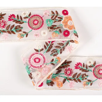 Organzová stuha s výšivkou pastelová zahrada