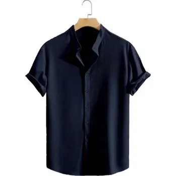 Pánská košile Pánská košile krátký rukáv Jednobarevné provedení Zapínání na knoflíky Výstřih do V Lehký polyester Letní střih tmavě modrá XXS