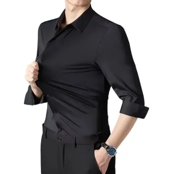 Pánská košile Pánská košile dlouhý rukáv Jednobarevné provedení Zapínání na knoflíky Výstřih do V Spandex a polyamid Pohodlný střih Celoroční černá M