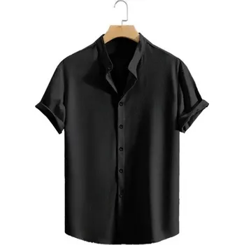 Pánská košile Pánská košile krátký rukáv Jednobarevné provedení Zapínání na knoflíky Výstřih do V Lehký polyester Letní střih černá M