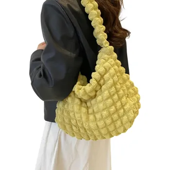 Kabelka Dámská vyšívaná kostkovaná taška přes rameno 32 x 11,5 x 60 cm Lehká látková kabelka z nylonu a akrylu žlutá