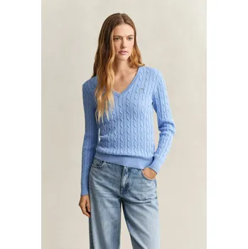 Dámský svetr SVETR GANT STRETCH COTTON CABLE V-NECK PALACE BLUE