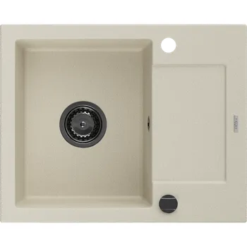Granitový dřez Mexen Enzo, granitový dřez 576x465x174 mm, 1-komorový, béžová s černým sifonem, 6506571005-69-B