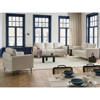 Pohovka Obývací pokojová souprava světle béžové látkové čalounění železné nohy 2místná pohovka 3místná pohovka křeslo minimalistický styl mid century Beliani