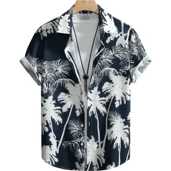 Pánská košile Pánská košile s krátkým rukávem Letní provedení Potisk palm Zapínání na knoflíky Výstřih do V Polyester a spandex černá XXL