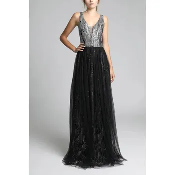 Dámské šaty Dlouhé společenské šaty s flitry a tylovou sukní Barva: Černá, Velikost: XL
