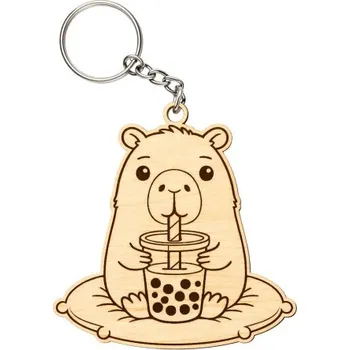 Žertovný předmět kapybara - bubble tea - dřevěný přívěsek na klíče s gravírováním- Tričkový.cz