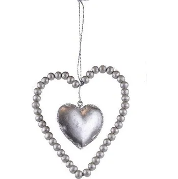 Dřevěné srdíčko z korálků ve stříbrné barvě 10 cm|Ego Dekor