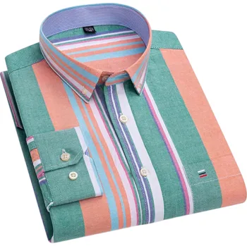 Pánská košile Pánská košile dlouhý rukáv Bavlna Nepravidelné zeleno oranžové pruhy Zapínání na knoflíky s límečkem a kapsičkou 5XL