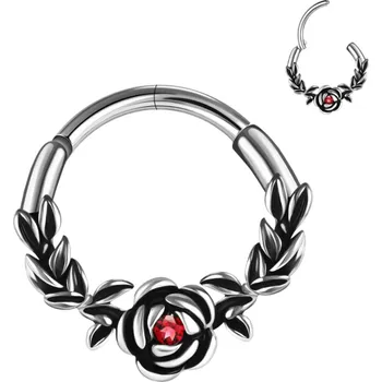 Piercing Kulatý stříbrný piercing růže s listy Černé detaily 10 x 1,2 mm Z nerezové oceli Elegantní šperk pro každodenní nošení