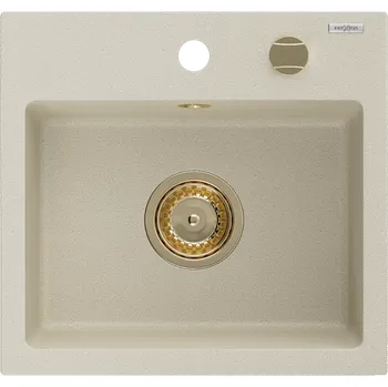 Granitový dřez Mexen Milo, granitový dřez 435x410x171 mm, 1-komorový, béžová se zlatým sifonem, 6505441000-69-G