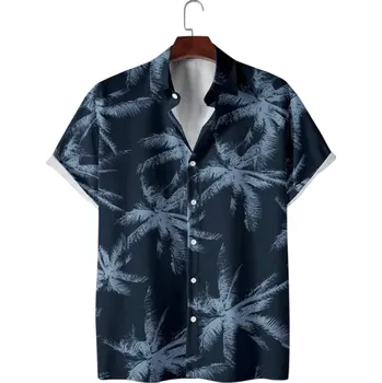 Pánská košile Pánská košile s krátkým rukávem Potisk palm Zapínání na knoflíky Výstřih do V Letní styl Polyester a spandex tmavě modrá XS