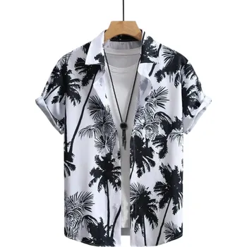 Pánská košile Pánská košile s krátkým rukávem Letní provedení Potisk palm Zapínání na knoflíky Výstřih do V Polyester a spandex bílá M