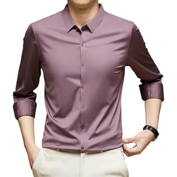 Pánská košile Pánská košile dlouhý rukáv Jednobarevné provedení Zapínání na knoflíky Výstřih do V Spandex a polyamid Pohodlný střih Celoroční fialová XL