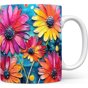 Hrnek s květinami v modrých a oranžových tónech