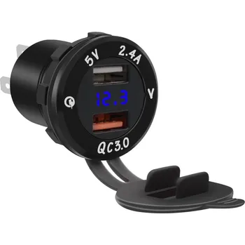 Elektrická zásuvka Zásuvka na motorku 12v s voltmetrem , vodotěsná, do panelu, 2xUSB, QuickCharge 3,4A. Modrá