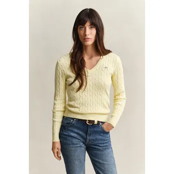 Dámský svetr SVETR GANT STRETCH COTTON CABLE V-NECK VANILLA YELLOW