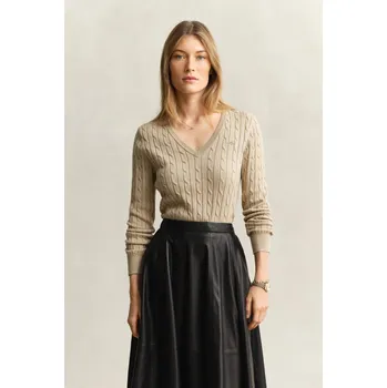 Dámský svetr SVETR GANT STRETCH COTTON CABLE V-NECK OAT BEIGE