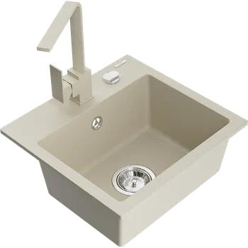 Granitový dřez Mexen Milo, 1-komorový granitový dřez 435x410x171 mm a béžová baterie Rita, béžová, 6505-69-670300-69