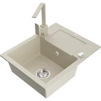Granitový dřez Mexen Enzo, granitový dřez 576x465x174 mm, 1-komorový a béžová baterie Rita, béžová, 6506-69-670300-69