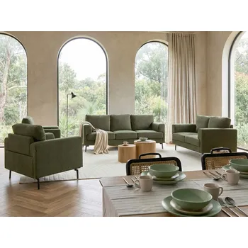 Pohovka Obývací pokojová souprava zelené látkové čalounění železné nohy 2místná pohovka 3místná pohovka 2 křesla minimalistický styl mid century Beliani