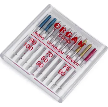 Strojové jehly sdružené Jeans 90;100, Universal 70;80;90, Stretch 75;90 Organ, velké, nikl