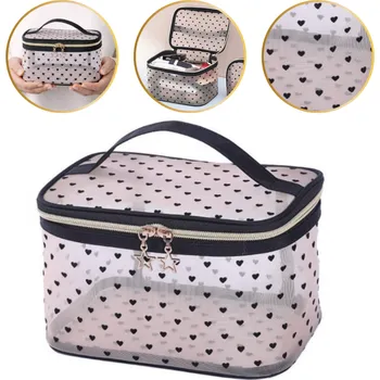 Kosmetická taška Flamenco Mystique Dámská kosmetická taštička, průhledná, černá srdíčka, 12x21x13cm KS125