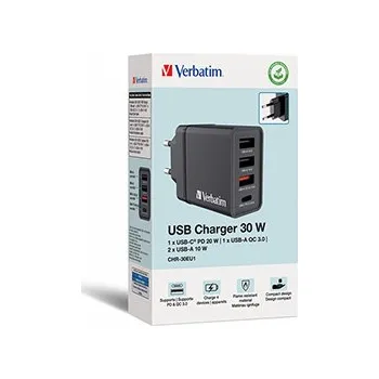 Verbatim Síťový adaptér 30W, 4 porty, 1x USB-C, 3x USB-A