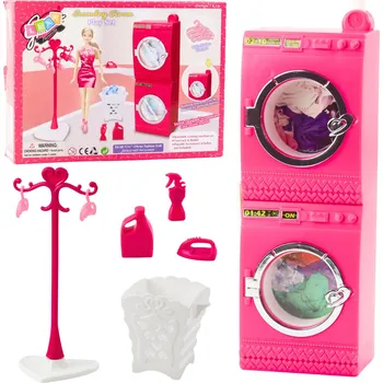 Panenka LEAN Toys Prádelna pro panenky – pračka, sušička, ramínko, košík, růžová