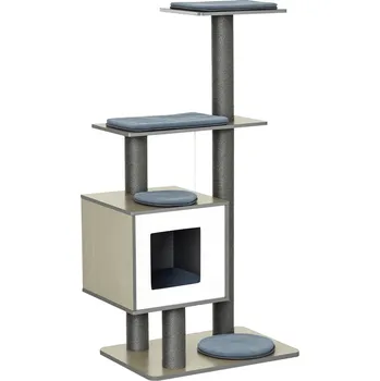 Dřevěné škrabadlo PawHut s plošinami a boxem pro kočky, hrací míček, šedé, 71,5 x 49,5 x 120 cm, ideální pro kočky | Aosom.de