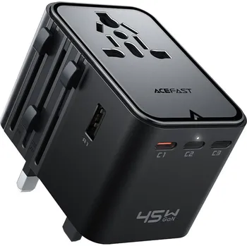 Acefast - cestovní adaptér (Z8) - 3x USB-C, 2x USB, EU, UK, AUS, US, 45W, technologie GaN, rychlé nabíjení - černý