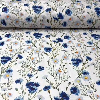 Bavlněná látka Květiny Modré na Bílém