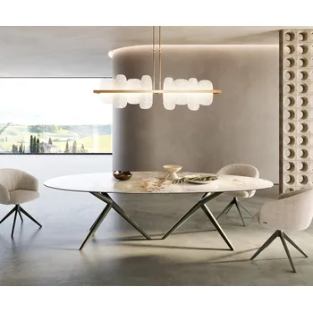 Jídelní stůl DELIFE Jídelní stůl Edge oválný 280x130 keramika Minas Melange bílá béžová Estelar kulatý kov titanový efektový povrch