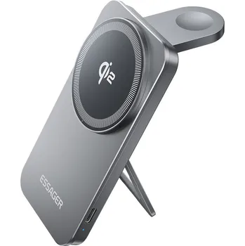 Nabíječka bezdrátová ESSAGER 2v1 Qi2 - magnetická - stojánek - 15W - kovová - šedá