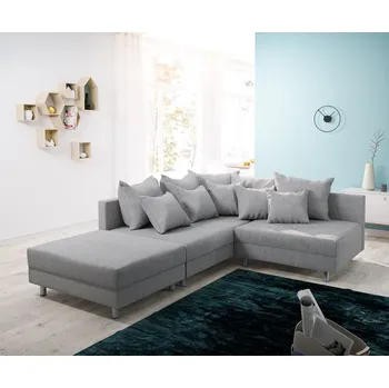 Pohovka DELIFE Rohová pohovka Clovis šedá plochá tkanina taburet lenoška levá modulová pohovka