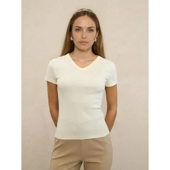 Dámské tričko Sinsay - Bavlněné tričko s výstřihem do V - žlutá - 536EU-10X - 536EU-10X-XXS